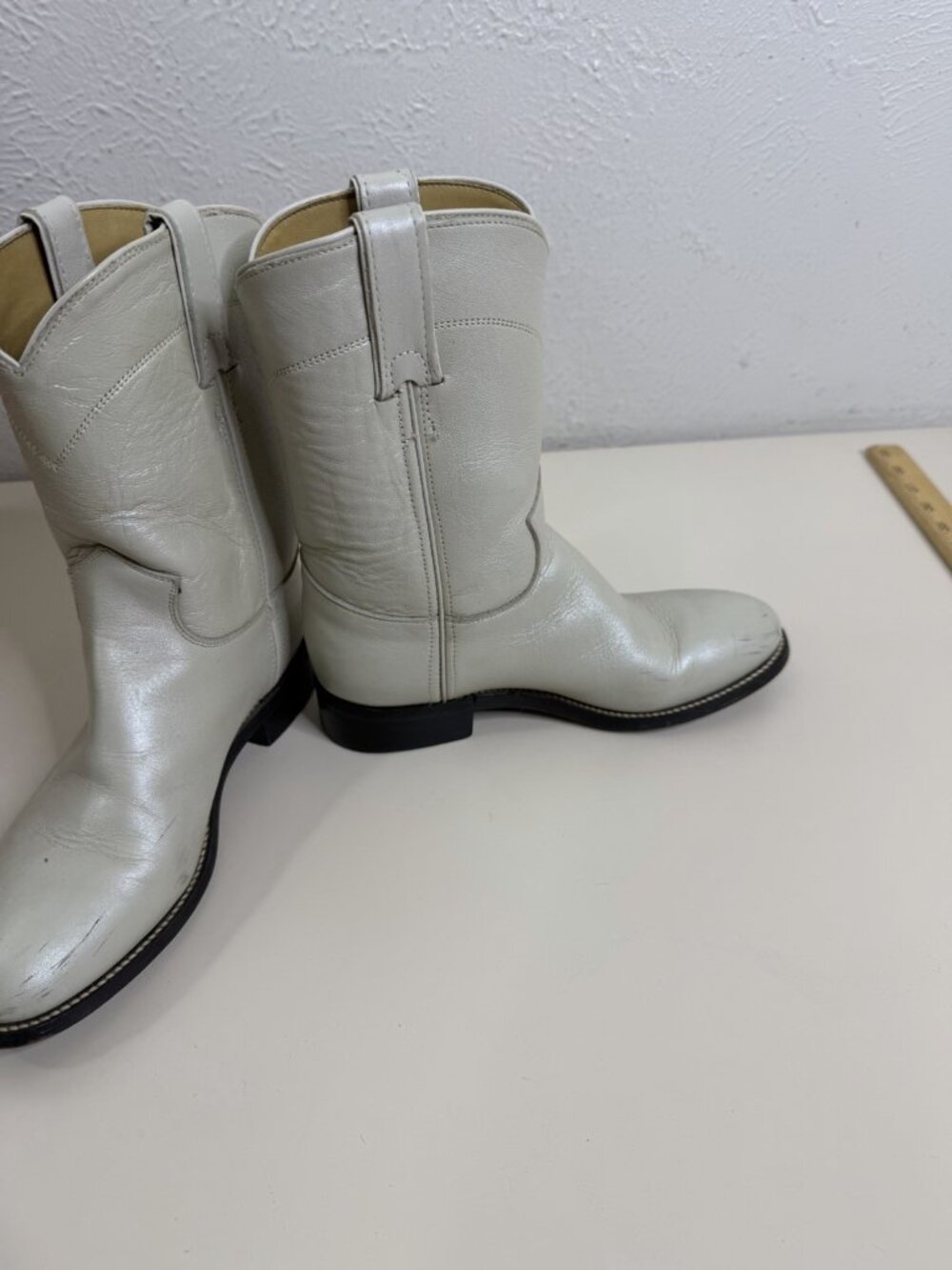 VTG Justin 3D Youth Off White Grayish Leather Roper Boots Western GUC - Picture 4 of 11